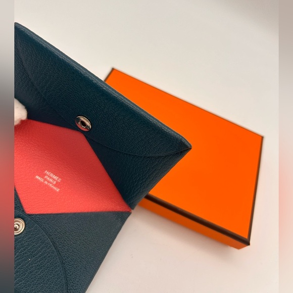 Hermes Chevre Mysore Calvi case Coin Verso rose azalee vert bosphore With Box - Picture 5 of 12